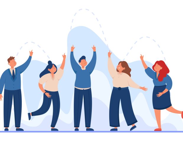 Team of business people putting hands up together. Businessman and group of workers in suits with fingers pointing upwards flat vector illustration. Teamwork, communication concept for banner